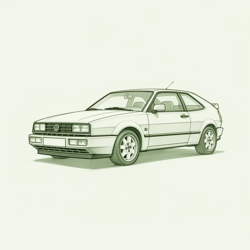 Editorial blueprint illustration of a Volkswagen Corrado in 3/4 front view