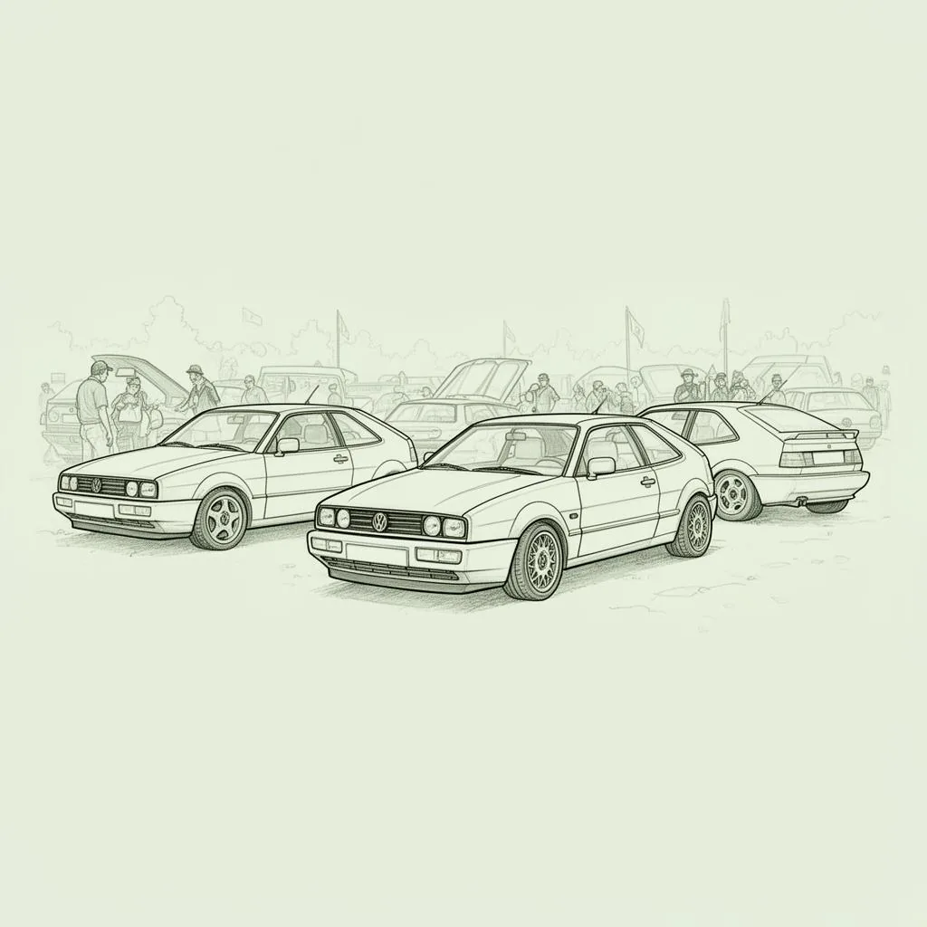 Editorial blueprint illustration of a Volkswagen Corrado enthusiast meet