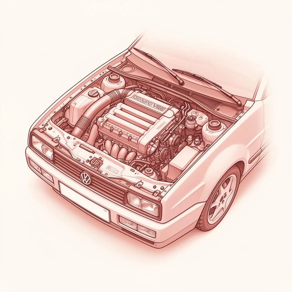 Editorial blueprint illustration of a Volkswagen Corrado VR6 engine bay