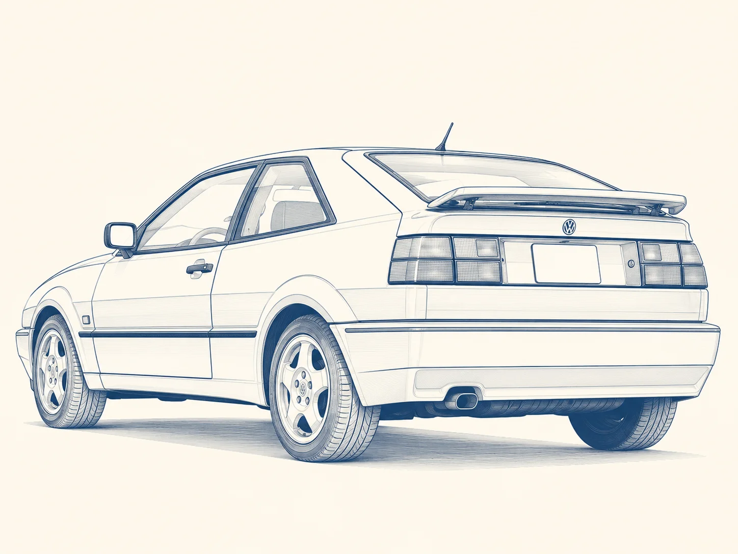 Illustration av Volkswagen Corrado bakifrån med aktiv bakspoiler i uppfällt läge
